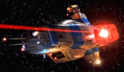 A Hyperion-class destroyer firing at a target.